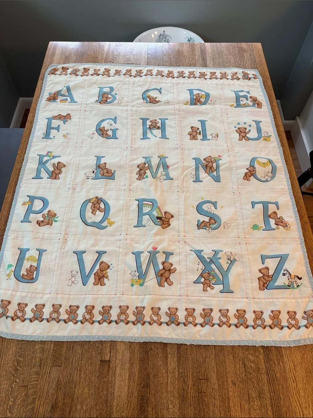 Vintage Handmade Blue Alphabet Teddy Baby Quilt - Adorable Hung on Wall/Display